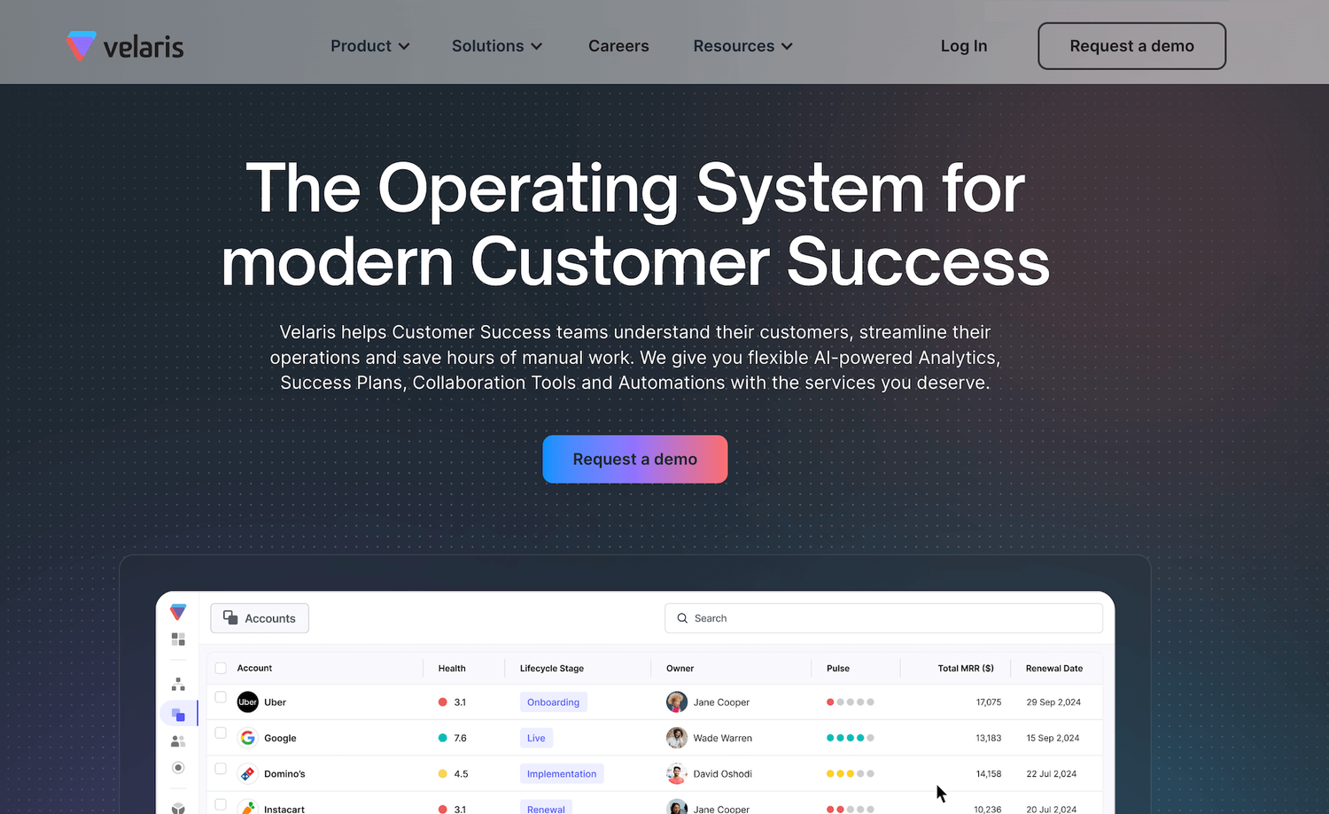 Velaris homepage: The Operating System for Modern Customer Success