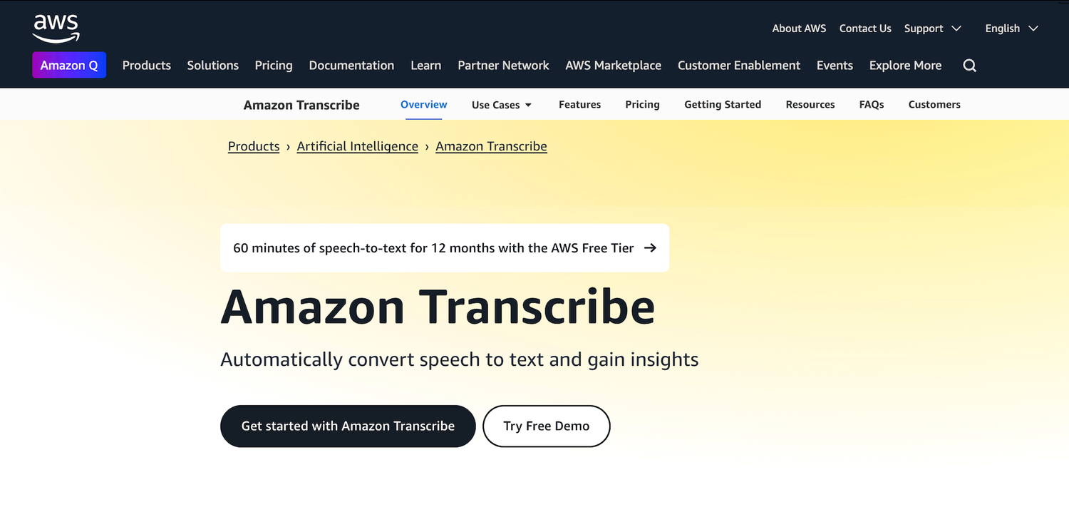 Amazon Transcribe homepage: Automatically convert speech to text