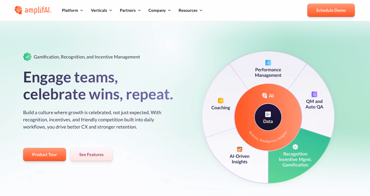 AmplifAI homepage: Engage teams, celebrate wins, repeat.