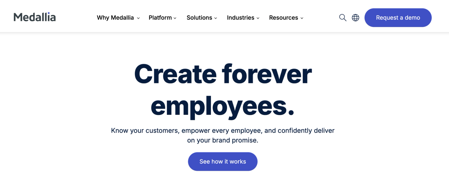 Medallia homepage: Create forever employees