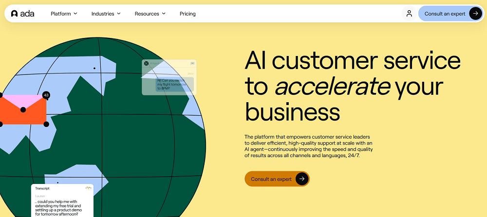 Ada homepage: AI customer service to accelerate your business