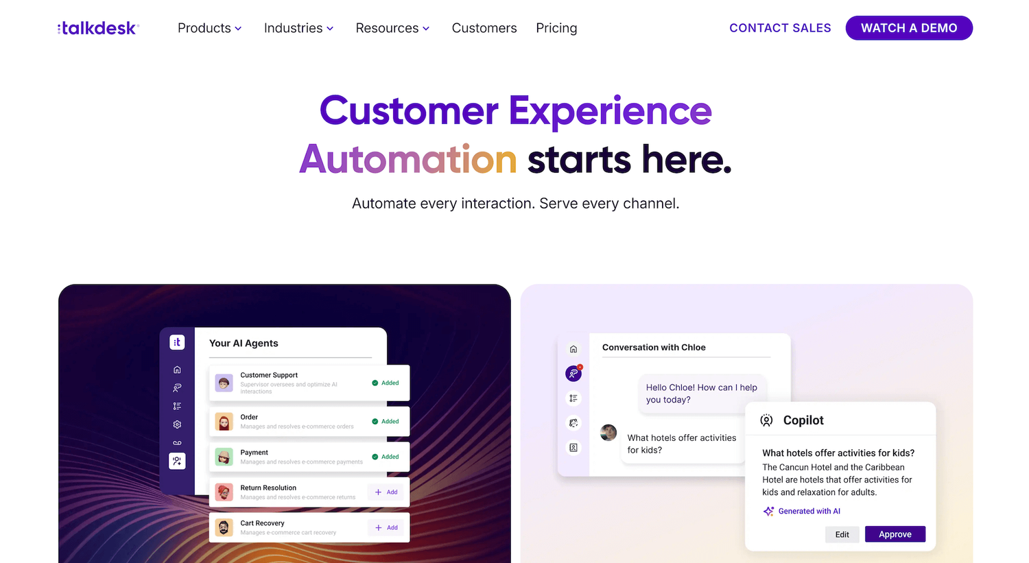 TalkDesk homepage: Customer Experience Automation starts here.