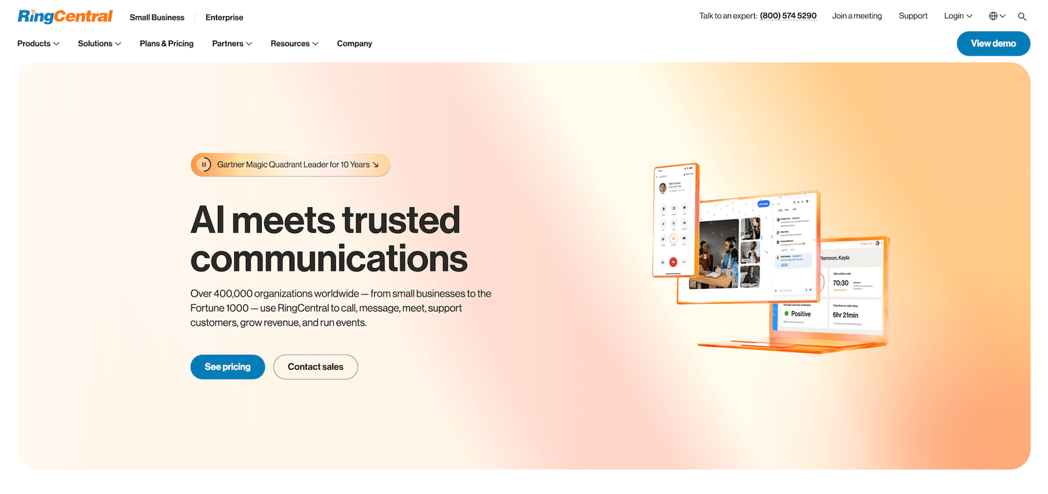 RingCentral homepage: AI meets trusted communications
