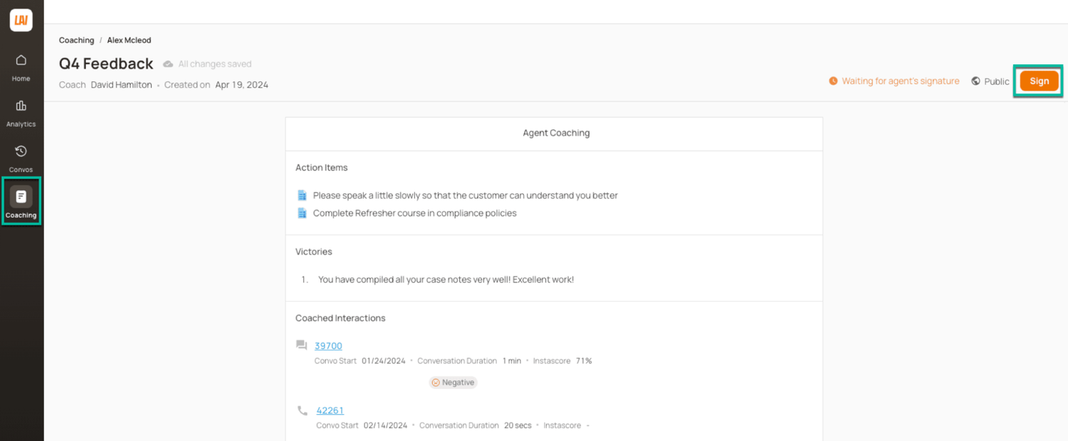 Agent Coaching: Feedback Notes