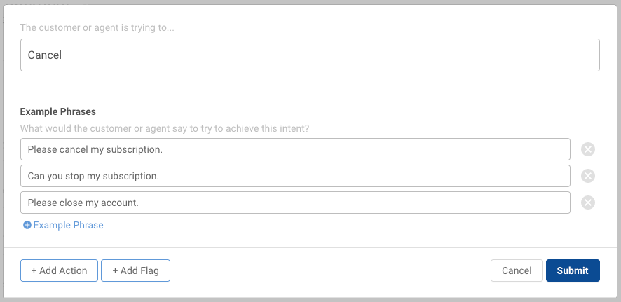 Example phrases: Please cancel my subscription