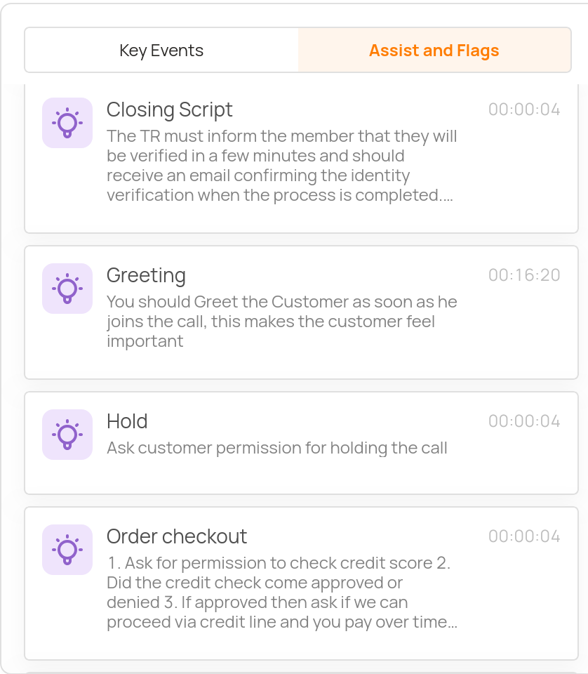 Assist and Flags: Closing Script, Greeting, Hold, Order checkout