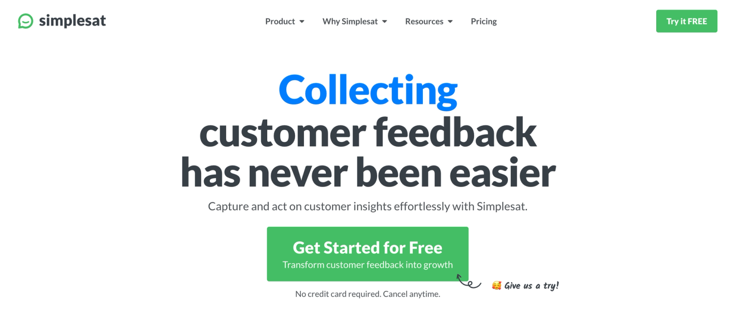 Simplesat homepage: Collecting customer feedback has never been easier