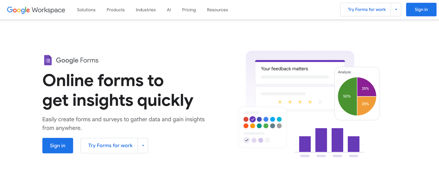 Google Forms homepage: Online forms to get insights quickly