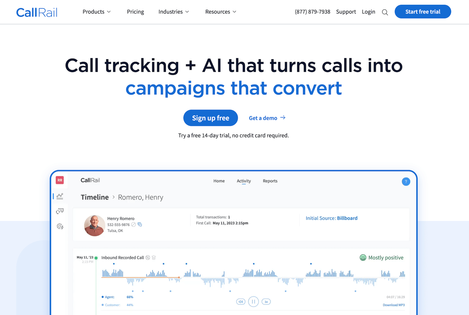 CallRail homepage: Call tracking + AI that turns calls into campaigns that convert