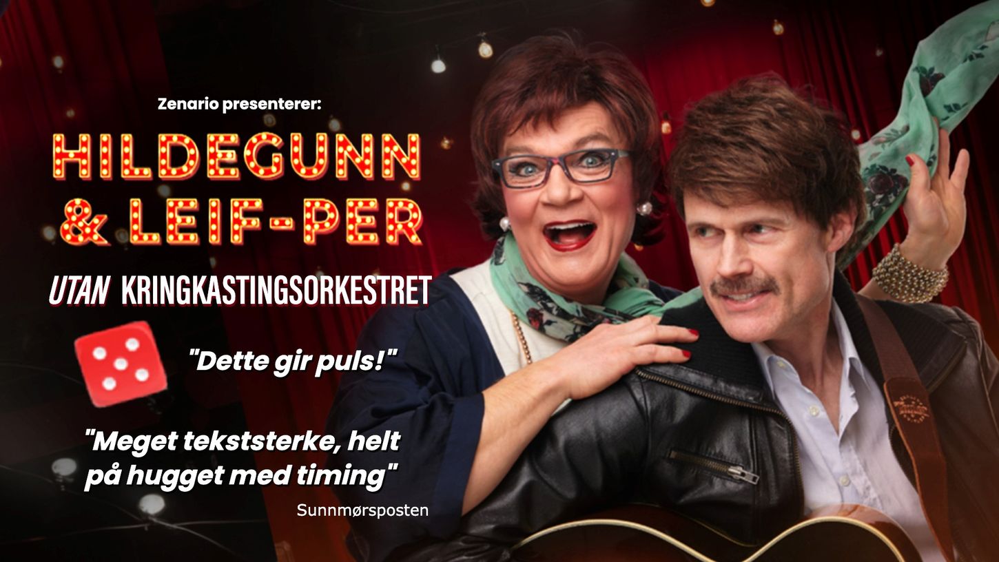 Plakat for showet med Hildegunn & Leif-Per UTAN Kringkastingsorkesteret, med bilde av Hildegunn og Leif-Per.