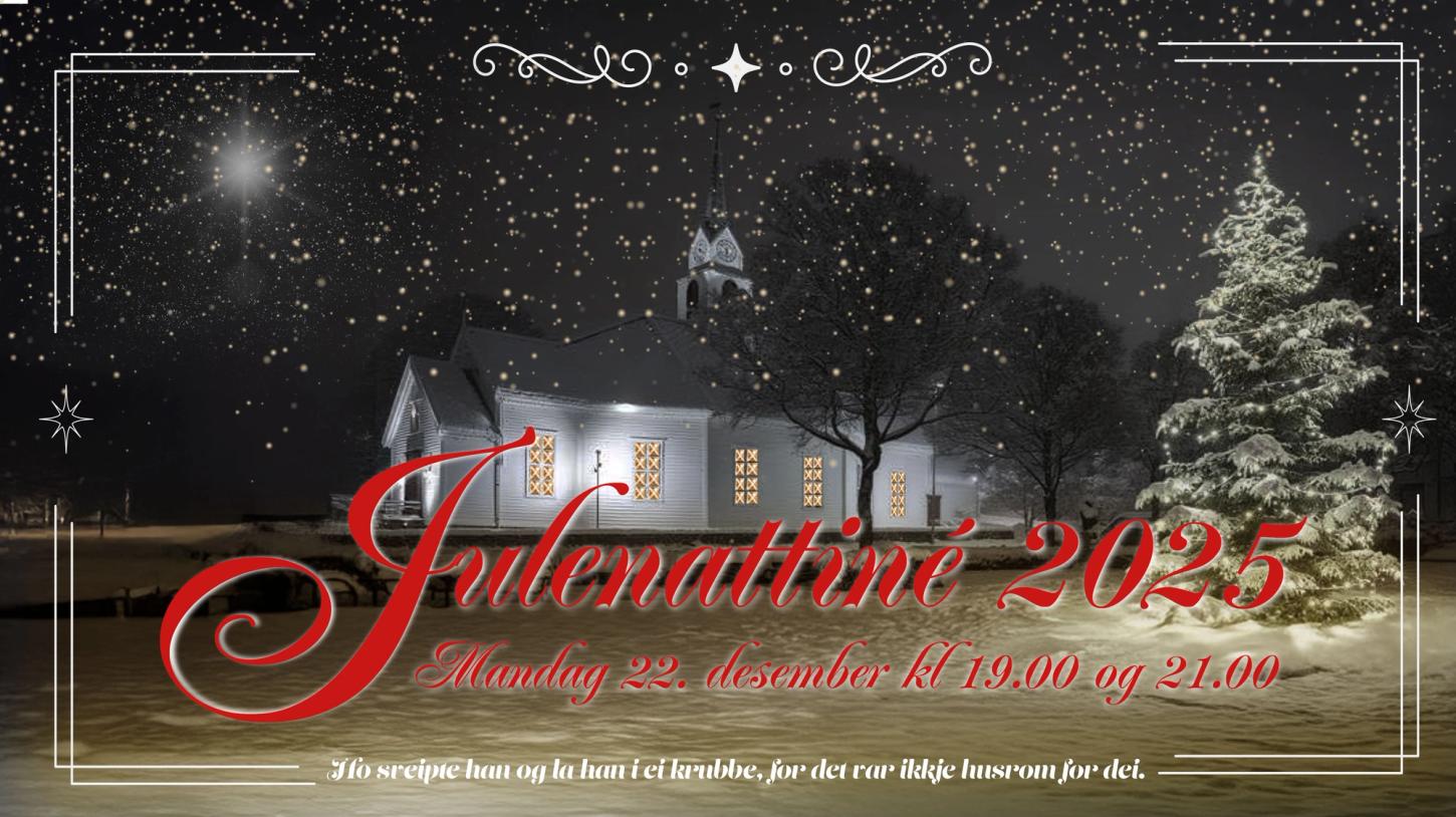 Ulstein kyrkje i vinterdrakt, med teksta Julenattiné 2025.