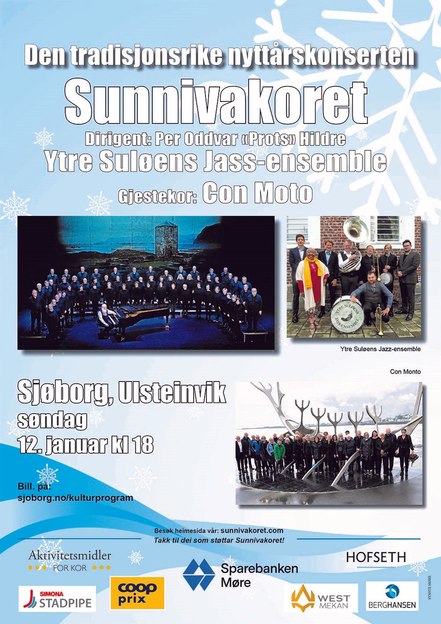 Plakat med informasjon om konserten til Sunnivakoret og logoane til sponsorar. Informasjonen ligg også i omtalen her. 