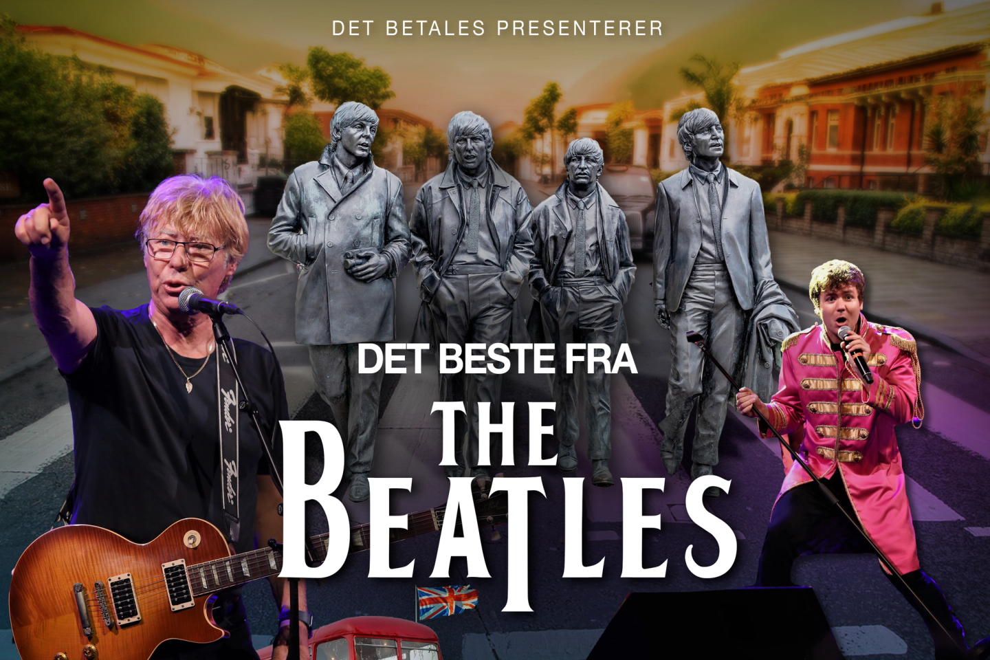 Bandbilde av Det Betales, og The Beatles i grått bak, med teksta "Det Betales presenterer det beste fra The Beatles". 
