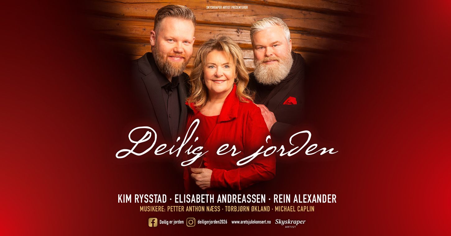 Plakatbilde til Deilig er jorden, med bilde av Kim Rysstad, Elisabeth Andreassen og Rein Alexander