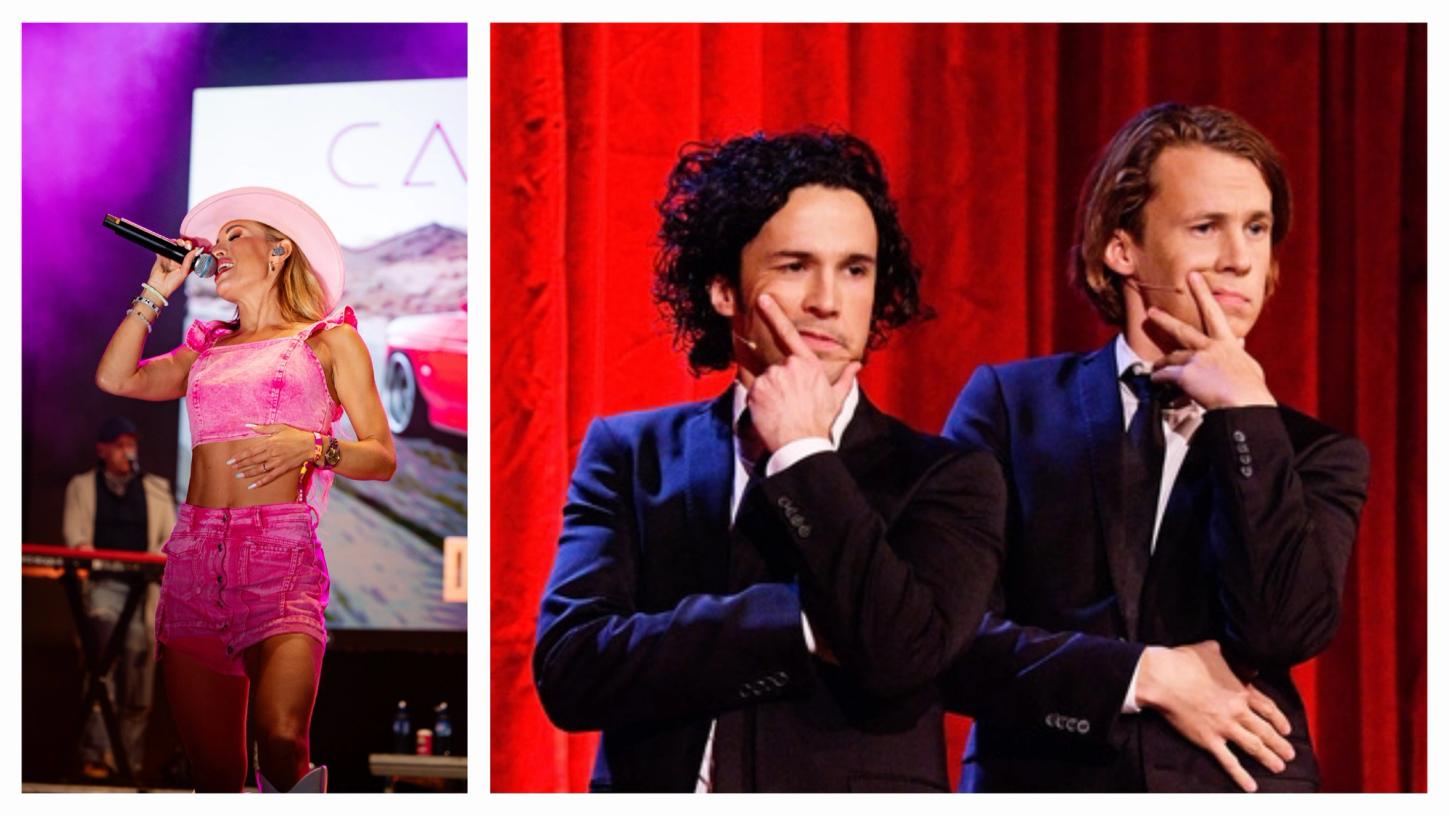 Kollasj av Carina Dahl og Ylvis-brødrene