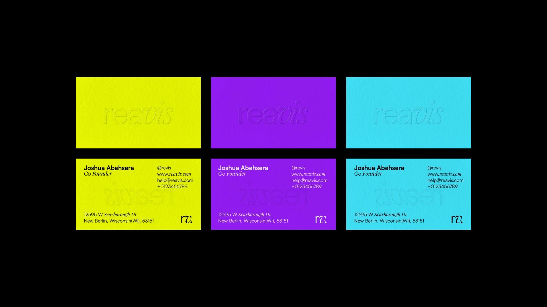 Reavis yellow, violet and sky blue business card system