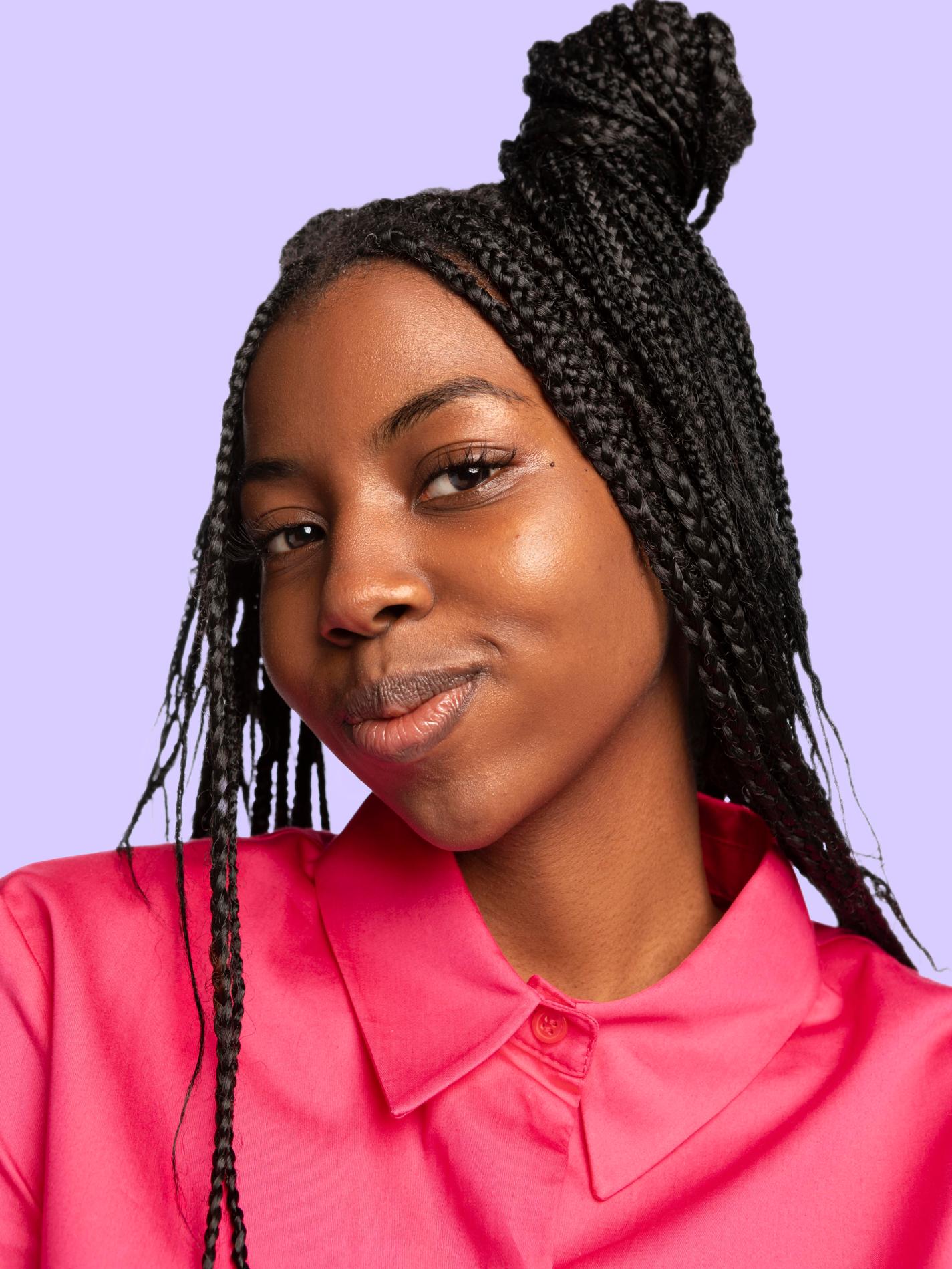 Portrait photography on a lavender Brket background.