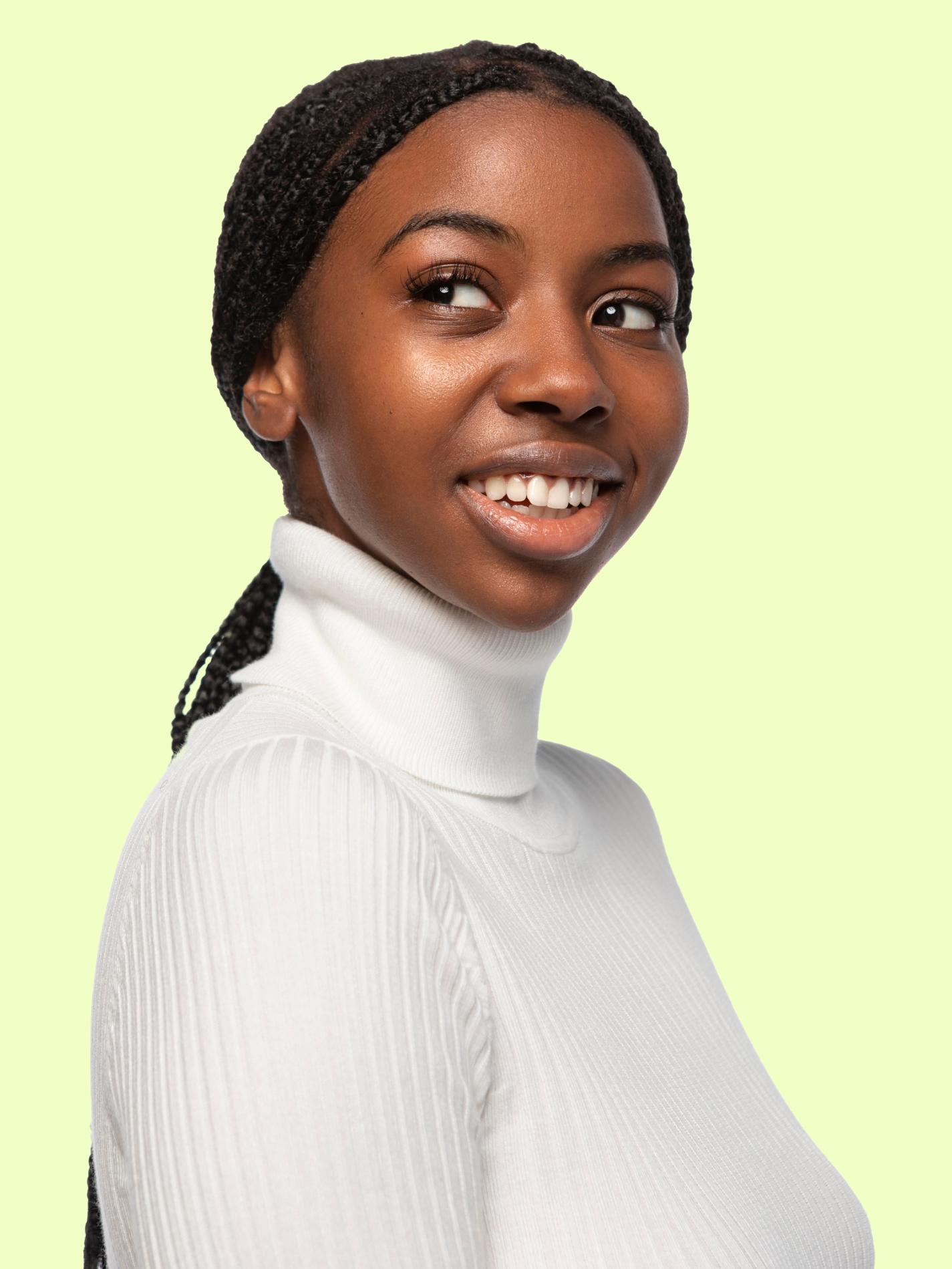 Portrait photography on a pale lime Brket background.