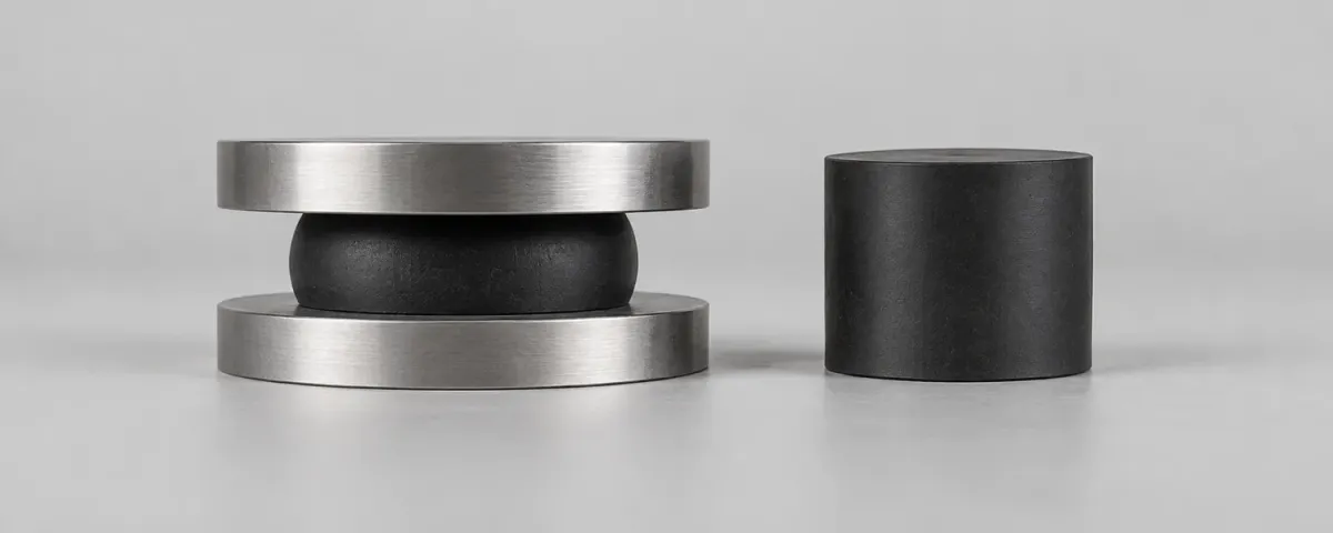 KI-Illustration zum Druckverformungsrest: Elastomerprobe unter Druck und freie Probe