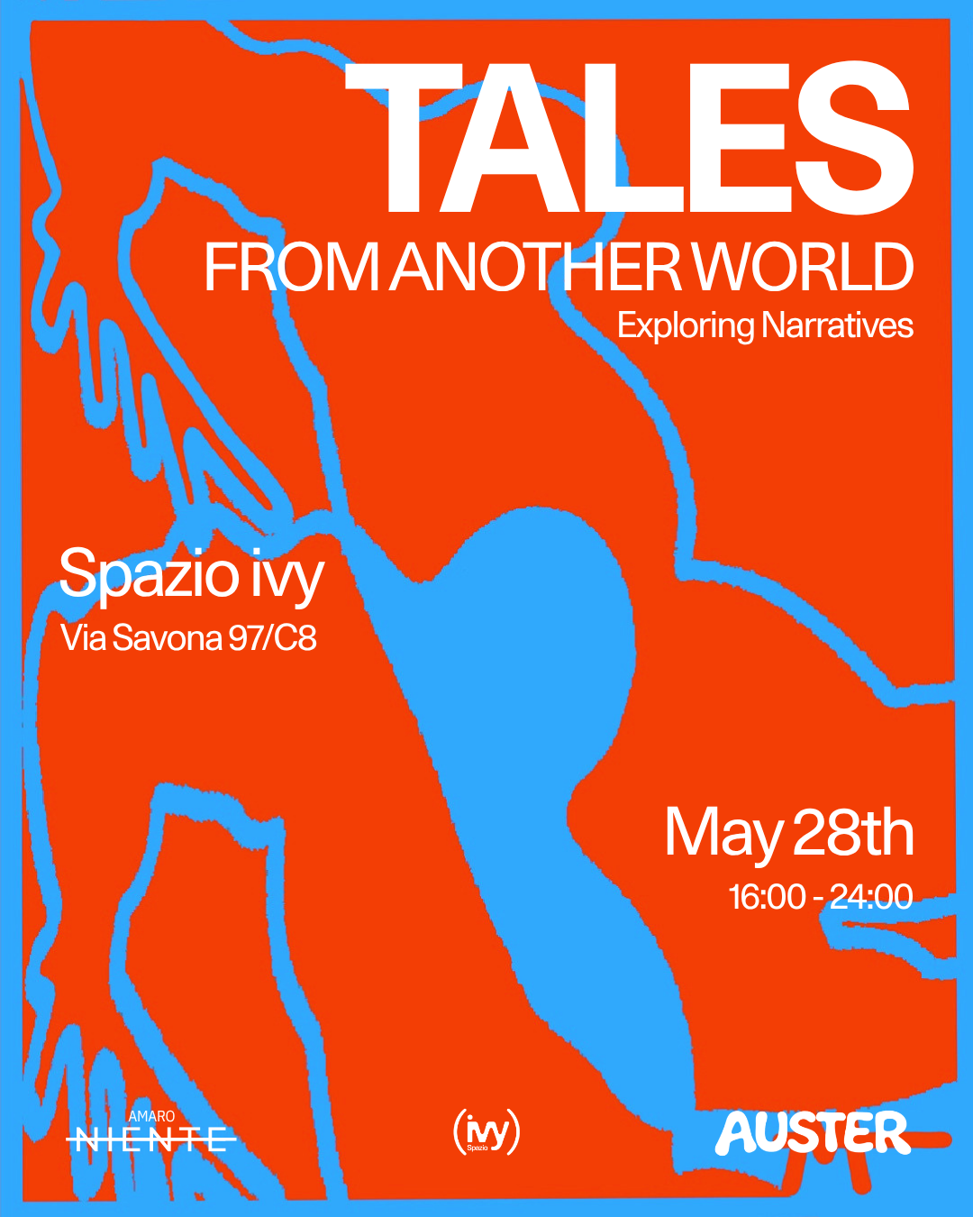 tales from another world exhibition poster featuring six emerging artists at spazio ivy in milan.