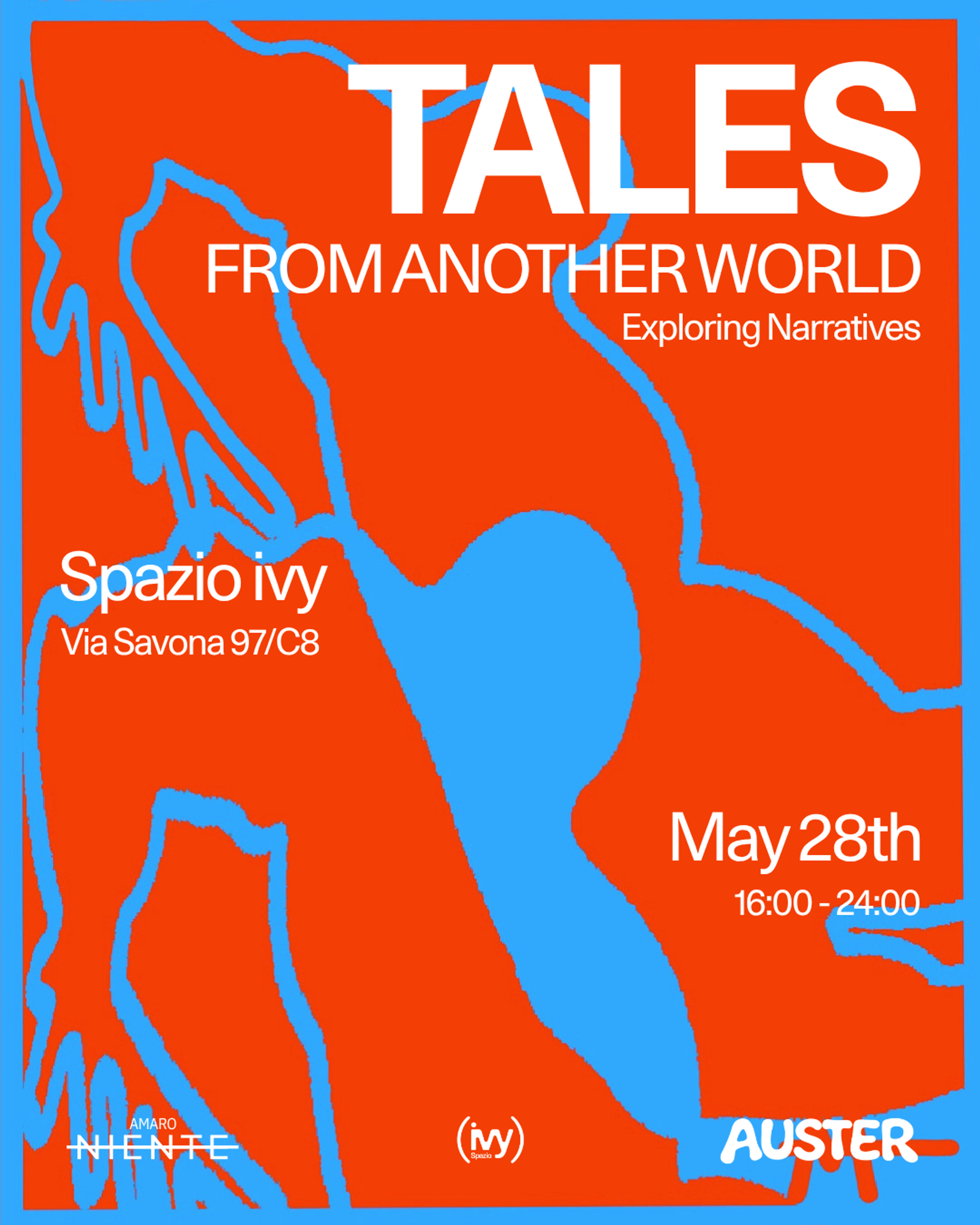 tales from another world exhibition poster featuring six emerging artists at spazio ivy in milan.