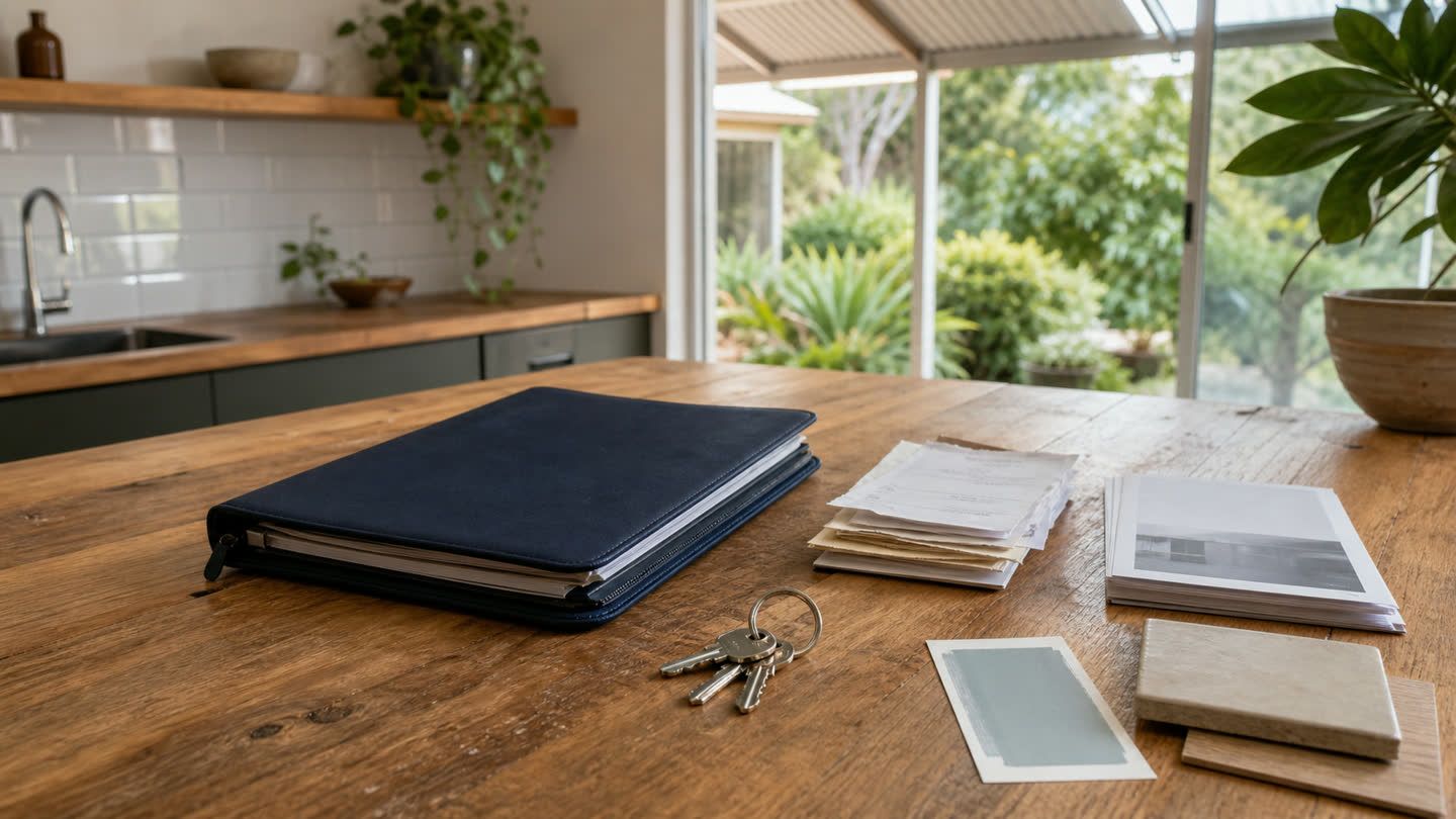 An organised property record folder, house keys and material samples laid out in an Australian kitchen