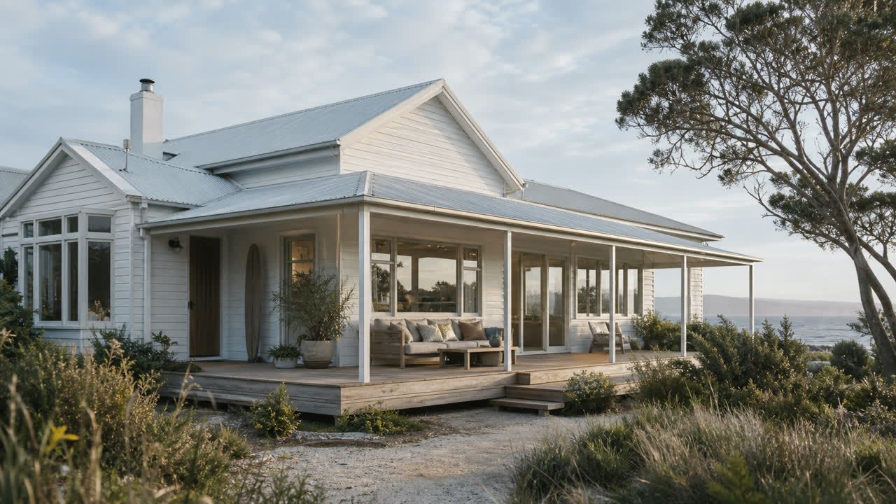 An Australian coastal weatherboard home with native planting