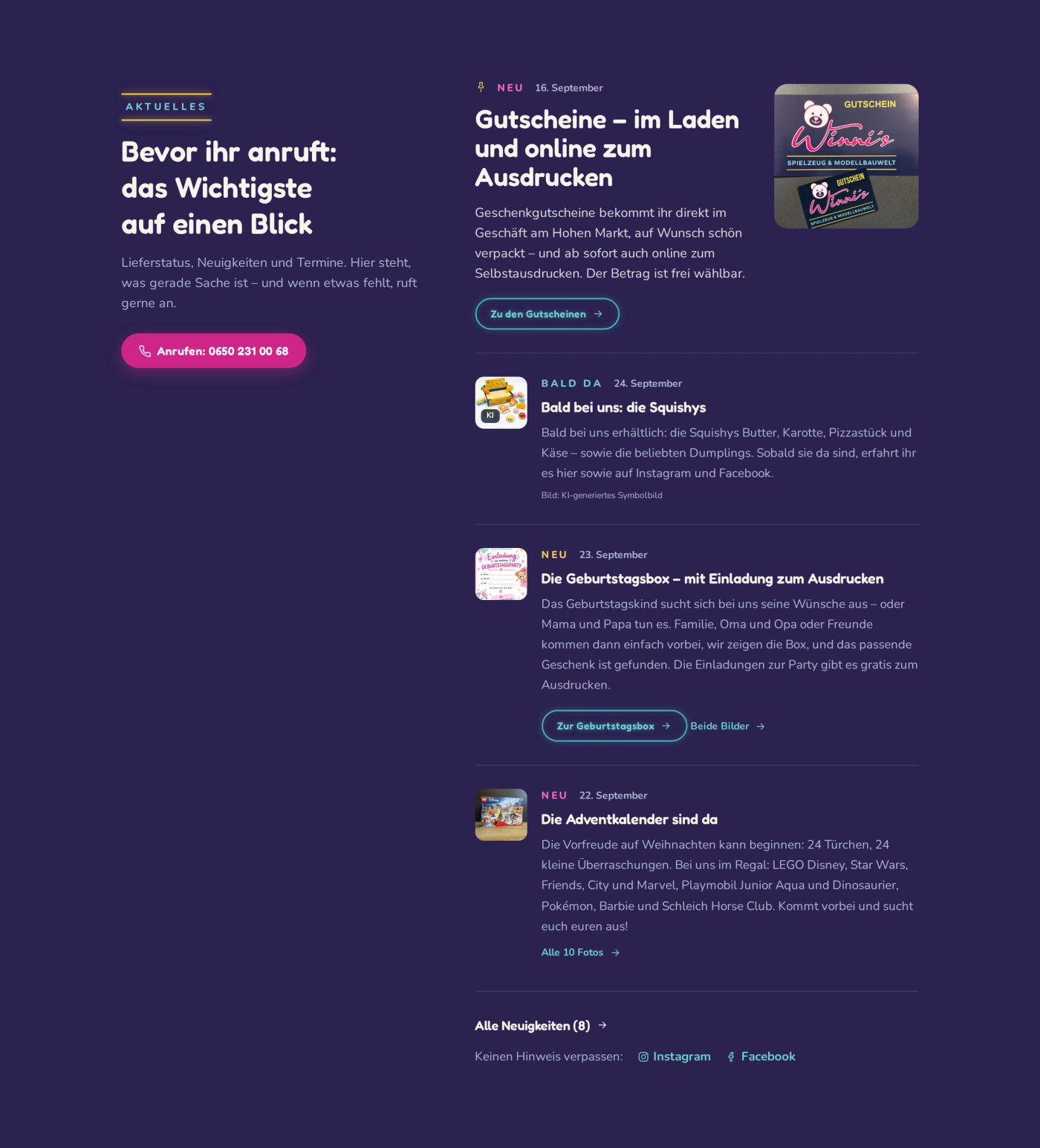 Aktuelles Bereich auf der Website