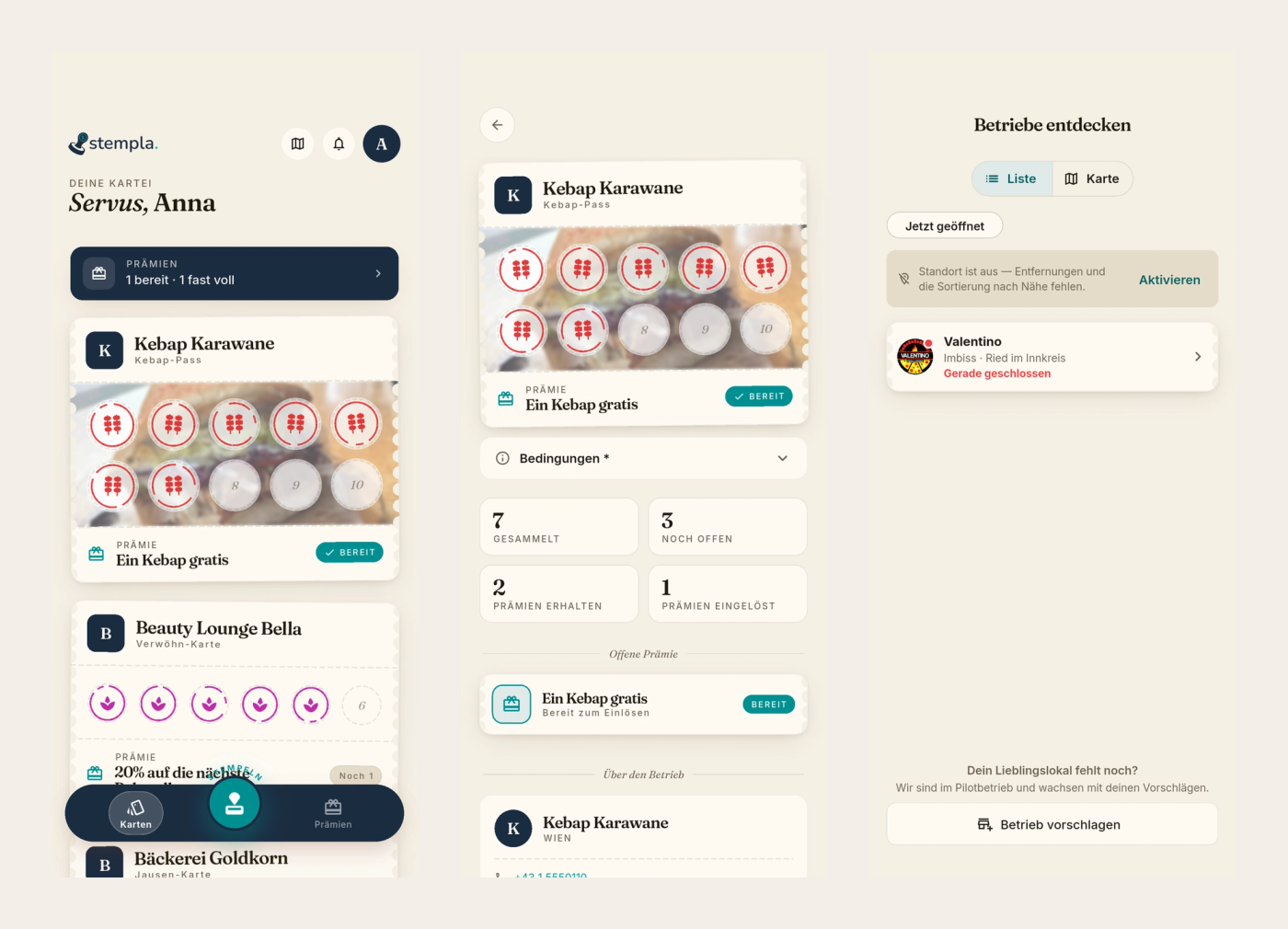 Stempelkarte & Entdecken Bereich in der App
