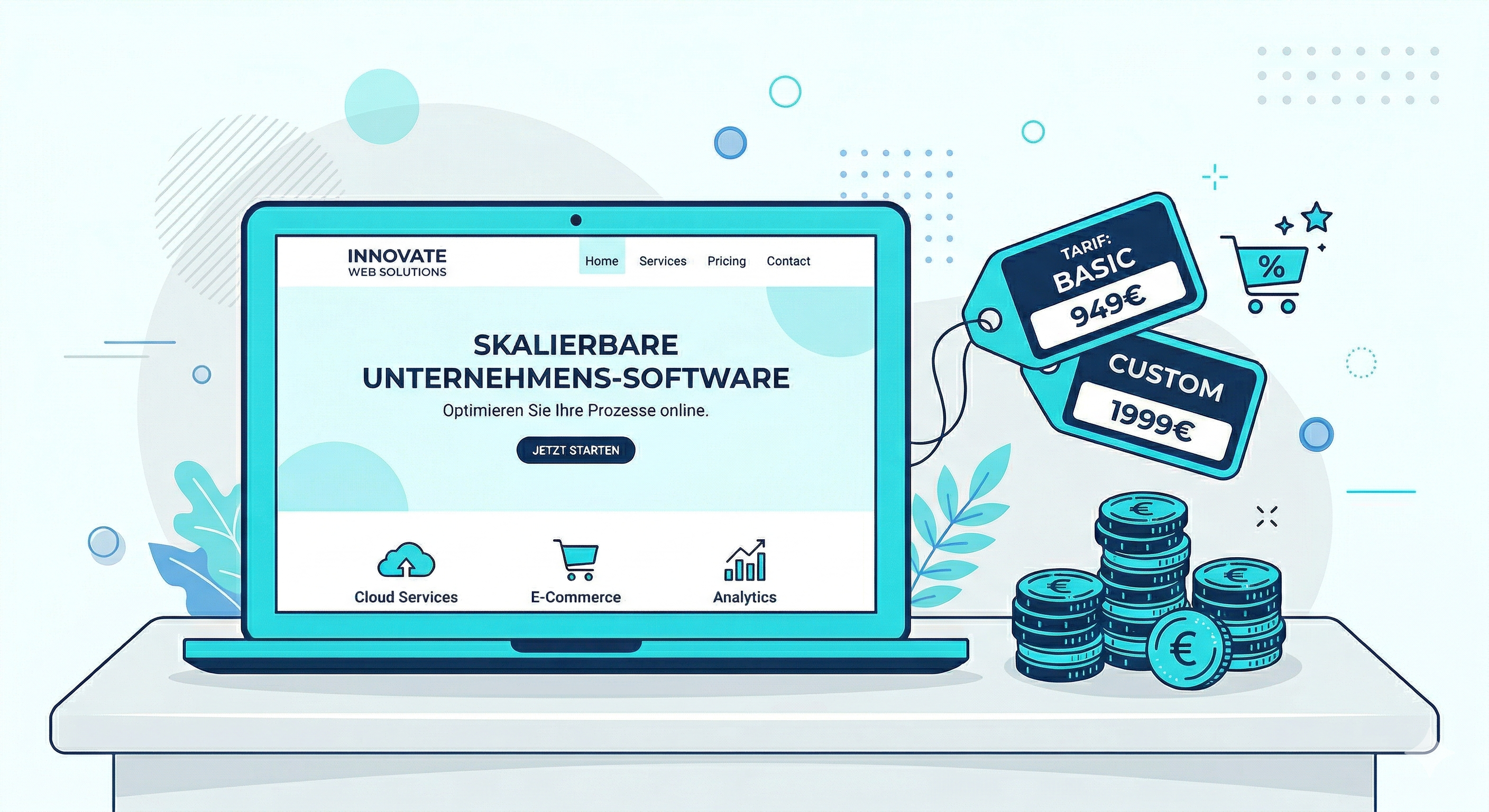 Flat-Design-Illustration eines Laptops mit einer modernen Website-Mockup auf dem Screen, daneben symbolisch Münzen/Preisschilder