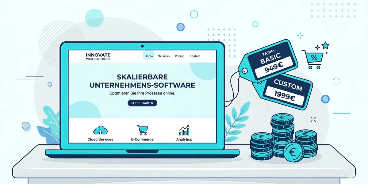 Flat-Design-Illustration eines Laptops mit einer modernen Website-Mockup auf dem Screen, daneben symbolisch Münzen/Preisschilder