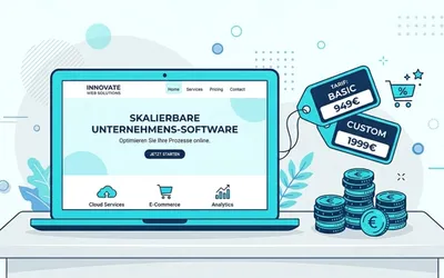 Flat-Design-Illustration eines Laptops mit einer modernen Website-Mockup auf dem Screen, daneben symbolisch Münzen/Preisschilder