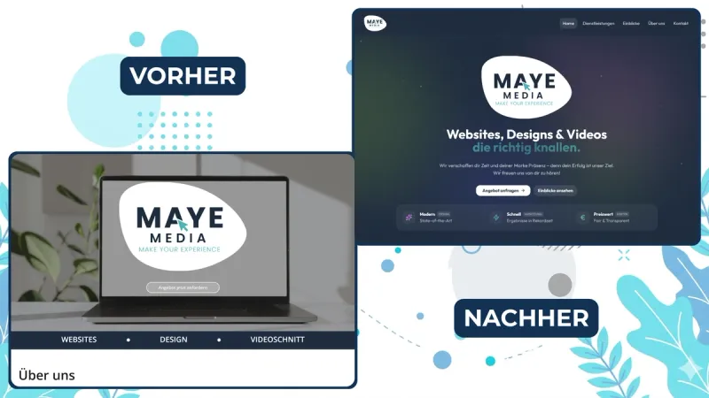 Vorher-Nachher-Vergleich – links eine generische Template-Website, rechts eine professionell gestaltete Seite mit klarem Branding