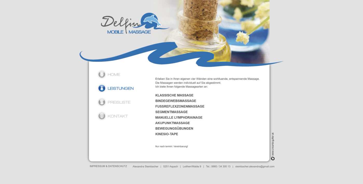 Alte Leistungsseite mit „Mobile Massage“-Logo und anderer Adresse im Footer