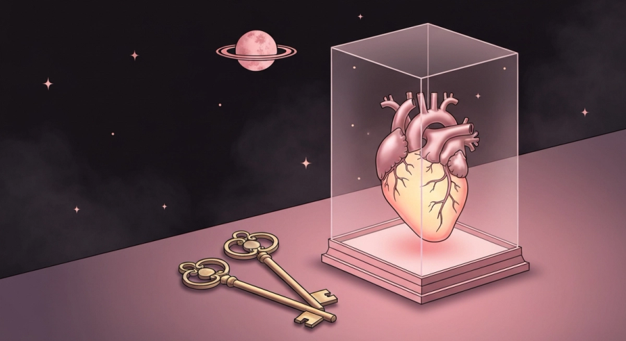 A glowing heart inside a glass case with celestial keys nearby