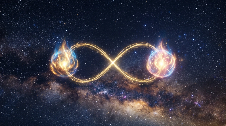 Two intertwined silhouettes against a cosmic background symbolizing twin souls connected through birth chart astrology