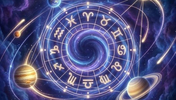 Planetary transits in natal chart illustration showing planets orbiting through zodiac wheel with aspect lines