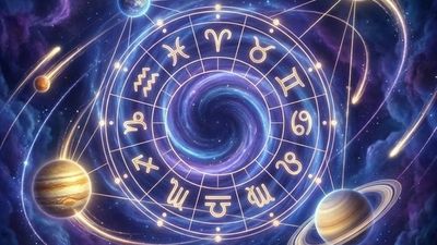 Planetary transits in natal chart illustration showing planets orbiting through zodiac wheel with aspect lines