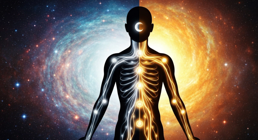 Sun and moon energy channels in human body silhouette with golden solar and silver lunar energy