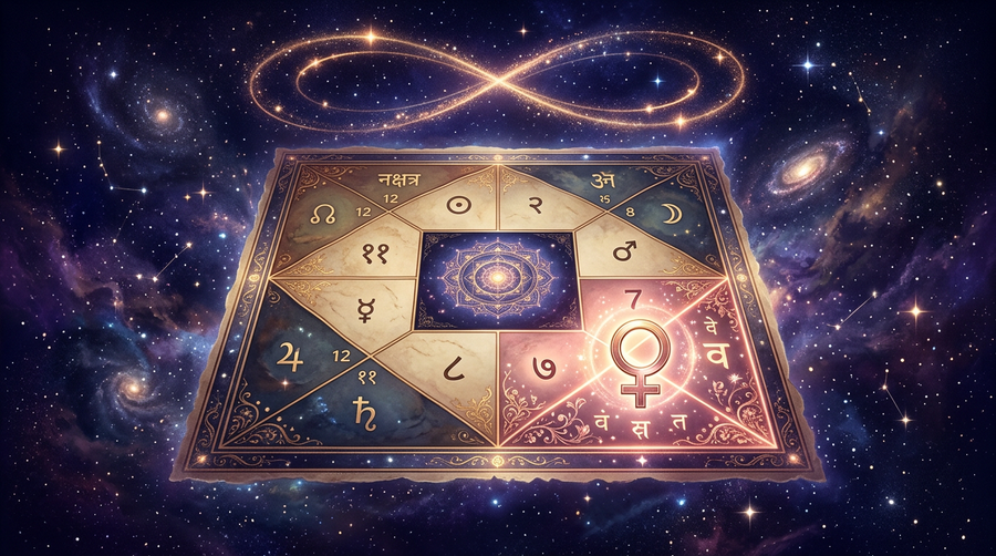 Vedic birth chart with glowing 7th house of partnerships and Venus symbol for love prediction