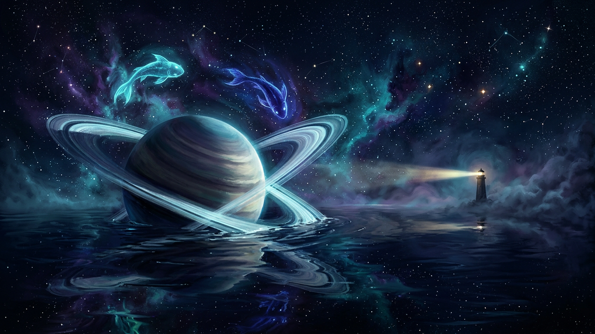 A ringed planet half-submerged in a cosmic ocean with two luminous fish in a starfield representing saturn return in pisces