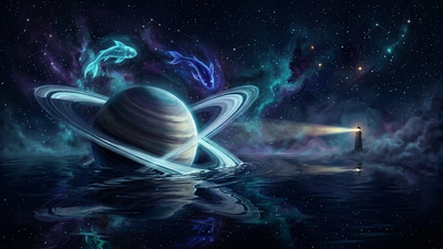A ringed planet half-submerged in a cosmic ocean with two luminous fish in a starfield representing saturn return in pisces
