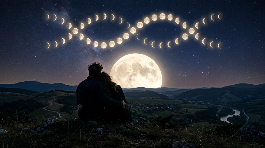 Couple under moonlight with zodiac elements representing emotional compatibility