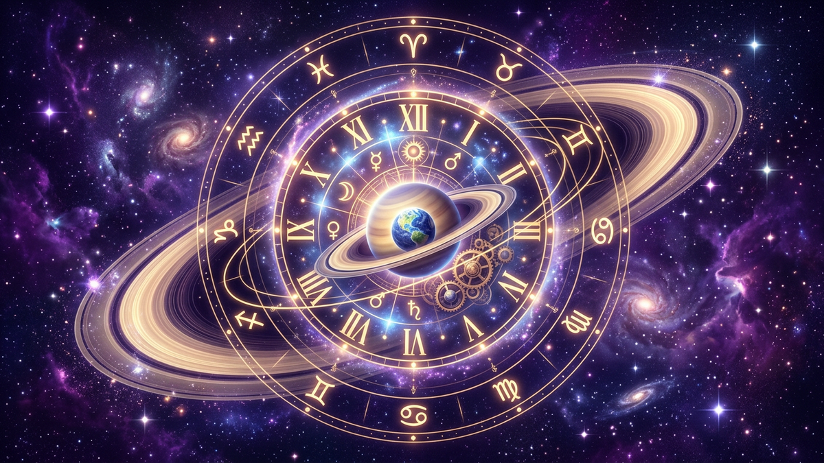 Saturn return calculator concept with celestial clock and zodiac wheel showing planetary cycles