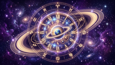Saturn return calculator concept with celestial clock and zodiac wheel showing planetary cycles