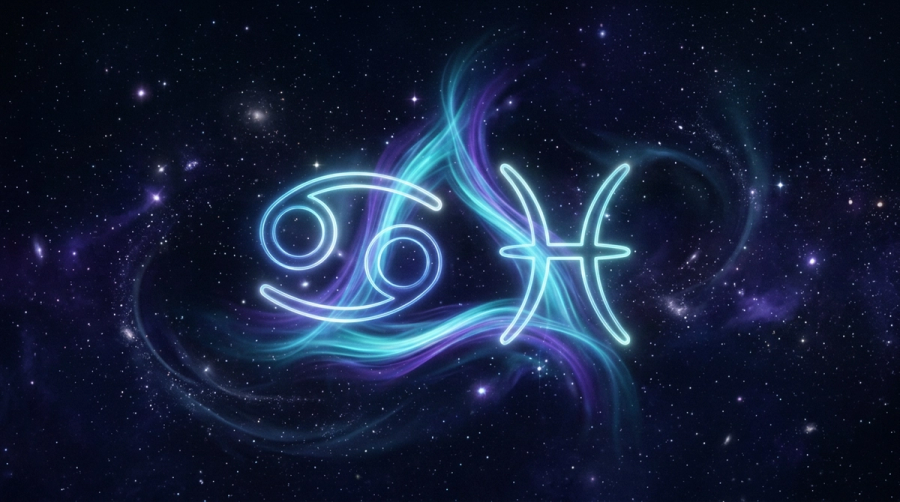 Cancer glyph and Pisces glyph intertwined with a flowing water trine in cosmic space representing cancer pisces synastry