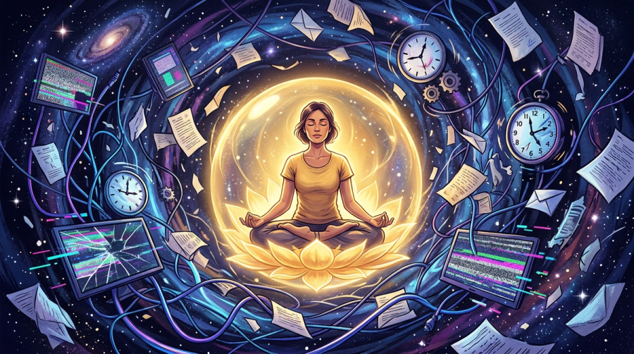 Person meditating calmly surrounded by swirling chaos of communication breakdowns during Mercury retrograde