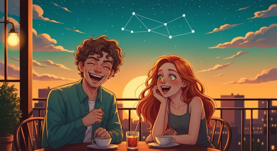 Playful Gemini couple laughing together at rooftop cafe under starry sky