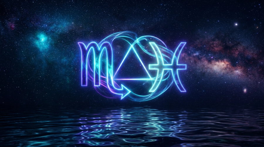 Scorpio glyph and Pisces glyph intertwined with a water trine in cosmic space representing scorpio pisces synastry