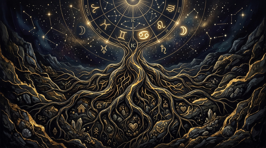 Cosmic roots descending into dark earth symbolizing 4th house IC foundation wound